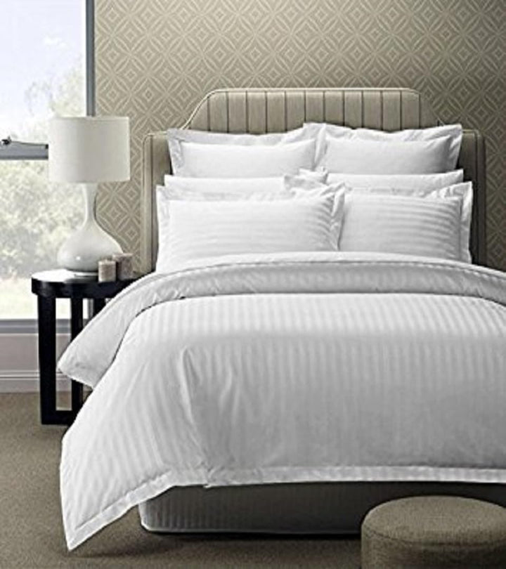 LINENWALAS 300 TC 100% Cotton Satin Stripes King Bed Sheet - Premium Hotel Bedsheet and 2 Pillow Covers Set for Hotels, Guest House & B&B (White,100x108 inch)