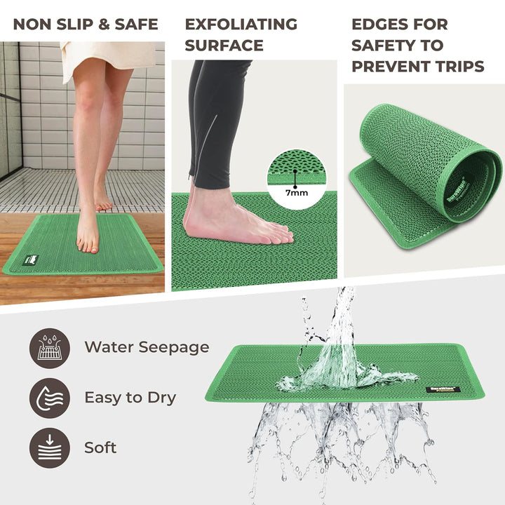 Roll over image to zoom in 2 VIDEOS 2+ DuroWipe - All PURPOSE MATTING Premium Bathroom Mat, Bath Mats for Shower, Pool Area, Non Slip PVC Door Mats for Home Entrance, Outdoor, Indoor, 6 mm Thick Zig-zag Jali Mat, 43x69 cm Rectangle Green